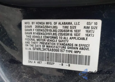 2010 Honda Odyssey Ex-L from USA, damaged, VIN 5FNRL3H76AB066167